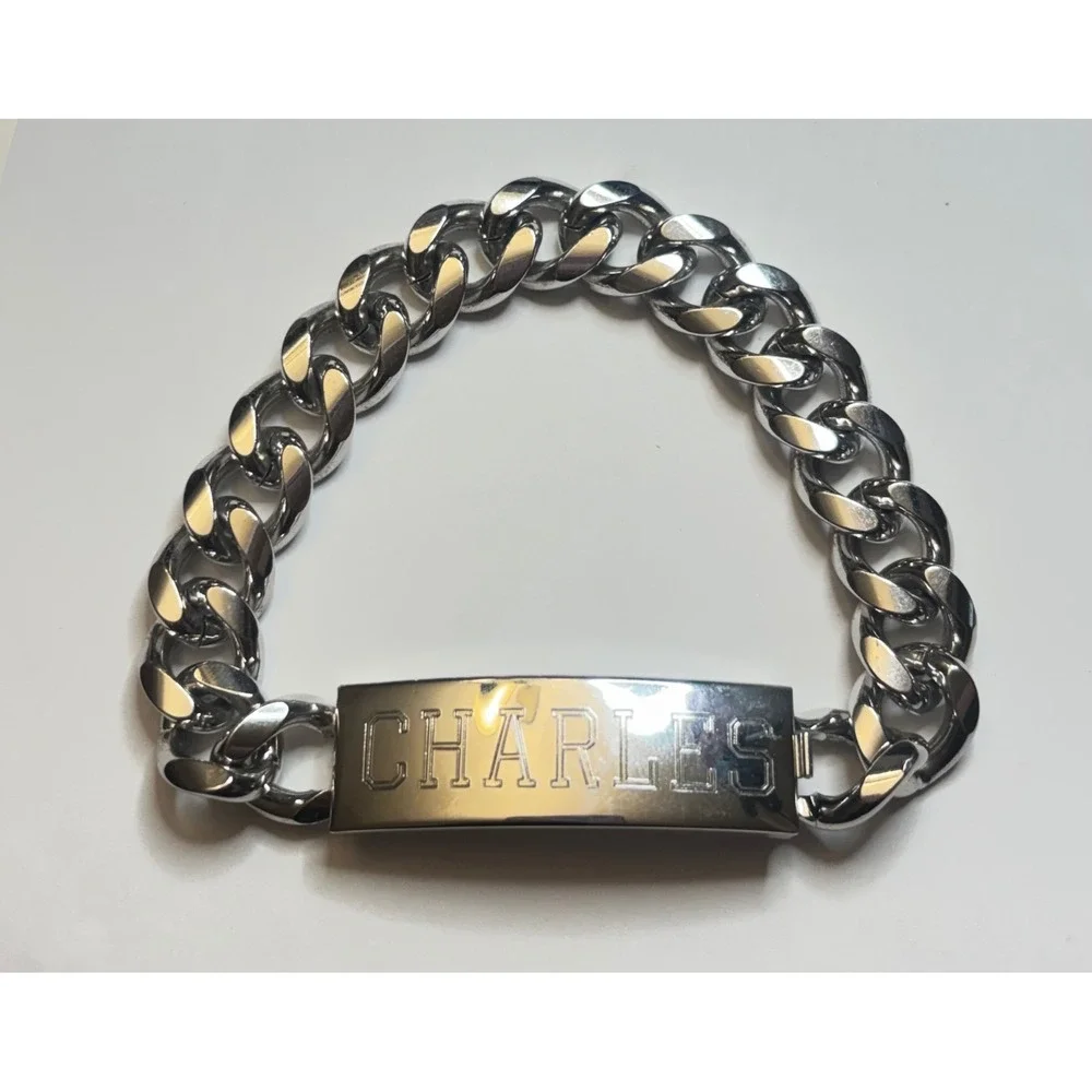 Vintage Speidel Charles ID Bracelet Rhodium Electroplated Curb Chain Silver Tone
